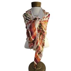 J. Jill Womens Floral Plaid Mixed Print Oversized Triangle Scarf Orange Cream‎